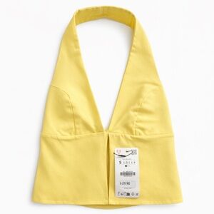 NWT Zara Yellow Cropped Halter Top Woman’s sz S Backless Front Slit Snap Closure